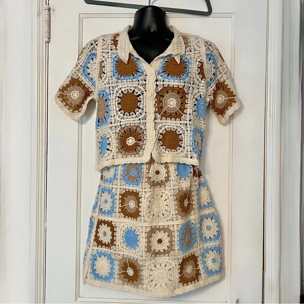 Boho Crochet 2-Piece Set Sunburst Knit Top & Skirt - Picture 3 of 11